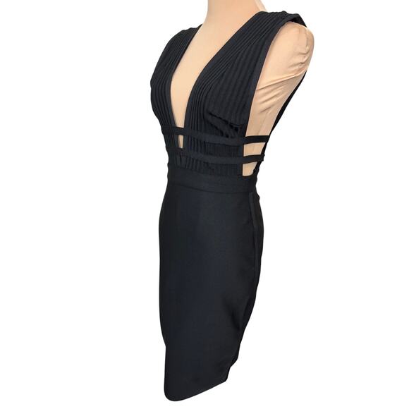 bebe Black Bandage Bodycon Dress Small Plunge Ribbed Knit Midi - Picture 2 of 4